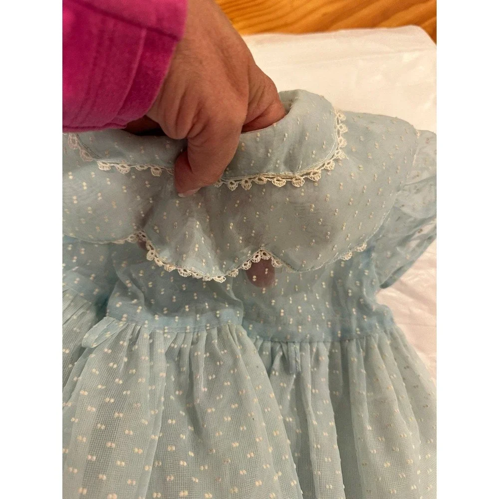 Vintage Baby Dress Blue Dotted with Crinoline 1970's Size 18 months